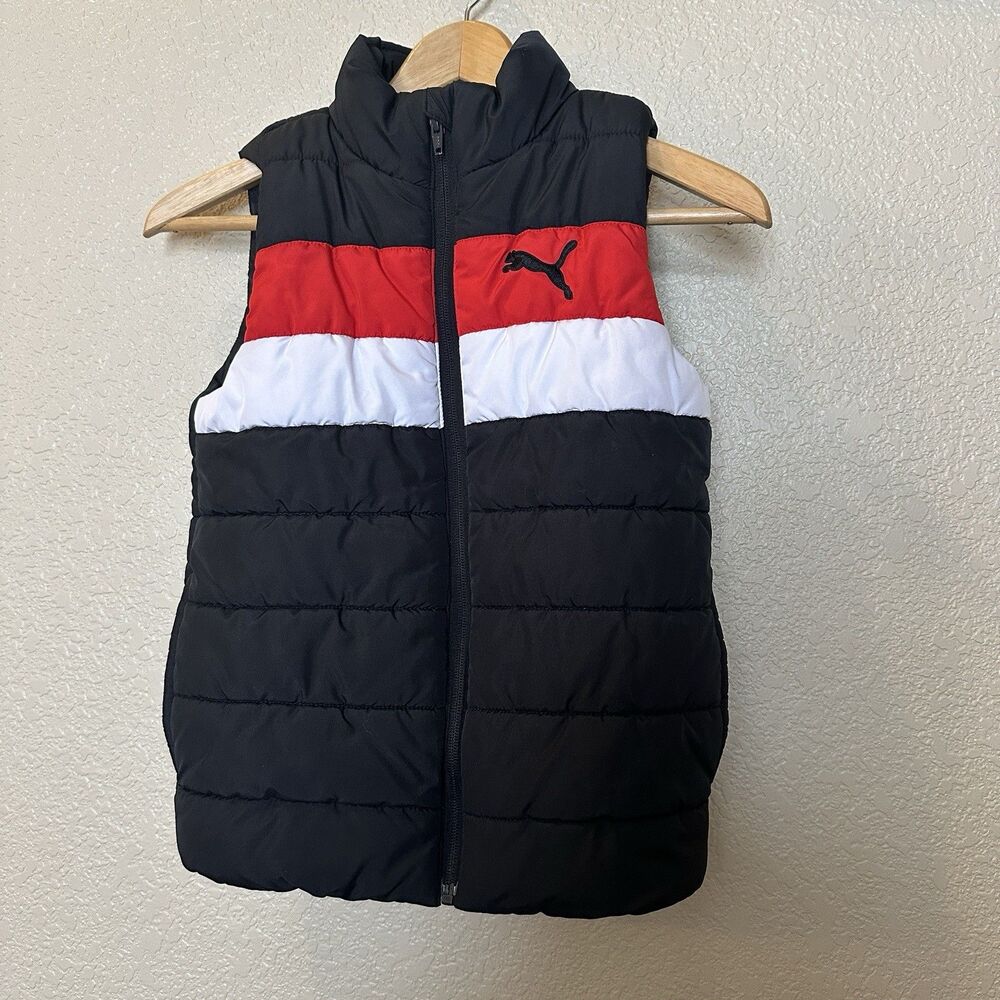 Puma Boy's Sleeveless Puffer Jacket Vest Size Sm 7/8 Winter Red White Colorblock
